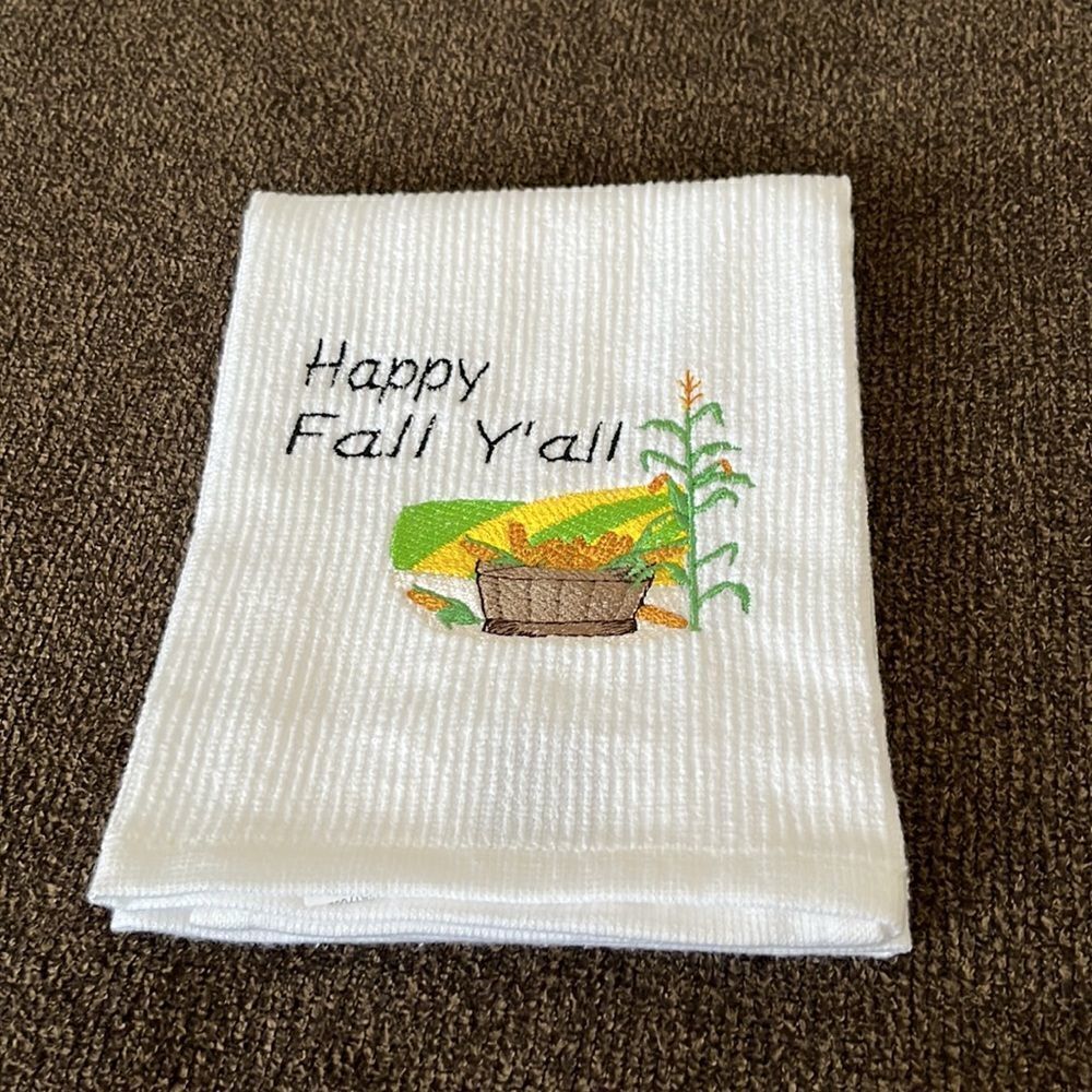 Happy Fall Ya’ll Custom Embroidered White Cotton Barmop Towel